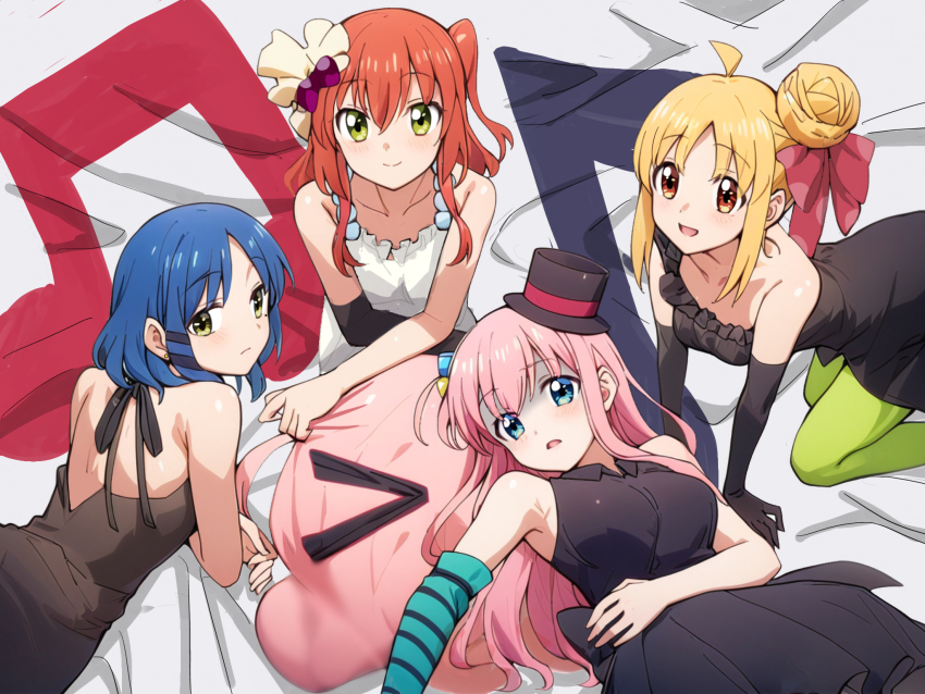 4girls :d ahoge akiyama_mio akiyama_mio_(cosplay) all_fours alternate_costume aqua_gloves black_dress black_gloves black_hat black_ribbon blonde_hair blue_eyes blue_hair blush bocchi_the_rock! bow closed_mouth collarbone collared_dress cosplay cube_hair_ornament don&#039;t_say_&quot;lazy&quot; dress gloves gotoh_hitori green_eyes green_thighhighs hair_between_eyes hair_bow hair_bun hair_ornament hair_ribbon hairclip hat highres hirasawa_yui hirasawa_yui_(cosplay) ijichi_nijika k-on! kessoku_band kita_ikuyo kotobuki_tsumugi kotobuki_tsumugi_(cosplay) long_hair looking_at_viewer lying mini_hat mini_top_hat mole mole_under_eye multiple_girls on_back on_stomach one_side_up open_mouth parody pink_hair red_bow red_hair ribbon ryuhirohumi short_hair side_ponytail single_glove single_hair_bun sitting sleeveless sleeveless_dress smile striped_clothes striped_gloves tainaka_ritsu tainaka_ritsu_(cosplay) thighhighs tongue top_hat trait_connection white_dress yamada_ryo yellow_eyes