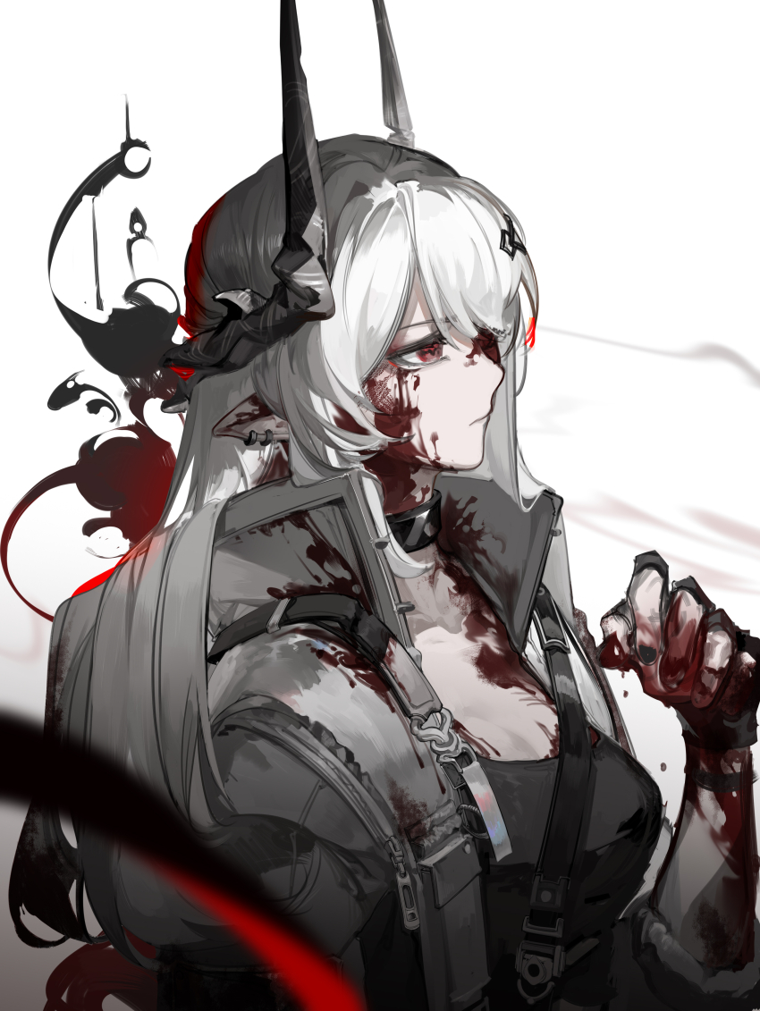 1girl absurdres arknights blood blood_on_face blood_on_hands breasts closed_mouth dongsheng ear_piercing gradient_background grey_background hand_up highres horns jacket long_hair looking_away medium_breasts mudrock_(arknights) open_clothes open_jacket piercing pointy_ears red_eyes solo upper_body very_long_hair white_background white_hair white_jacket