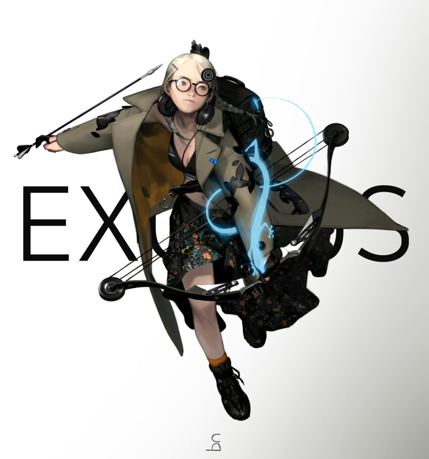 1girl arrow_(projectile) backpack bag bikini black_bikini blonde_hair bow_(weapon) braid brown_footwear brown_jacket carabiner compound_bow english_text floral_print gecko glasses gradient_background headphones headphones_around_neck jacket letme lizard long_skirt navel orange_socks original skirt socks solo spirit swimsuit twin_braids weapon white_background