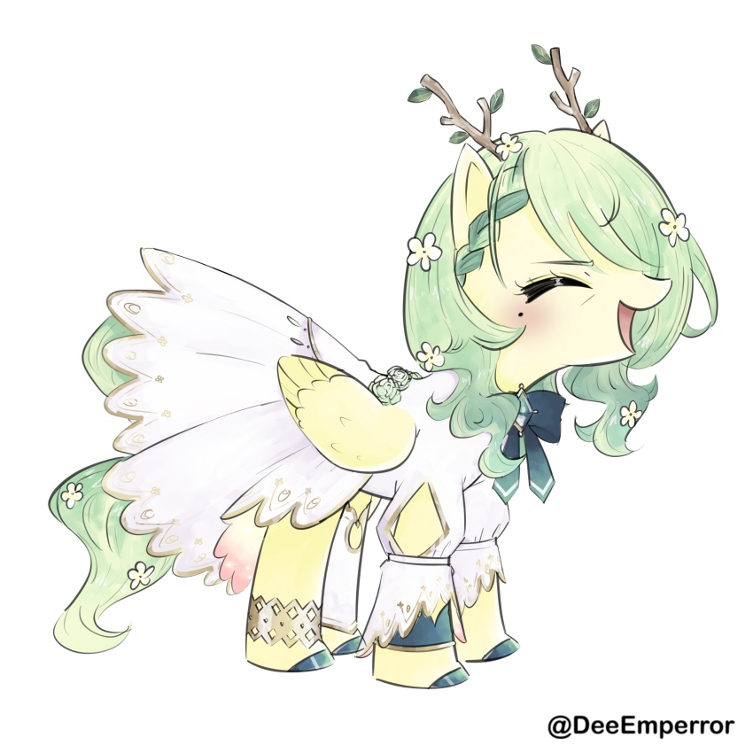 1girl :d absurdres antlers artist_name blush bow bowtie braid braided_bangs ceres_fauna ceres_fauna_(cosplay) closed_eyes colored_skin commentary cosplay dee_(deeemperror) dress english_commentary feathered_wings fluttershy full_body green_bow green_bowtie green_hair highres hololive hololive_english horns long_hair mole mole_under_eye my_little_pony my_little_pony:_friendship_is_magic open_mouth pegasus pony_(animal) simple_background smile tree_horns twitter_username virtual_youtuber white_background white_dress wings yellow_skin