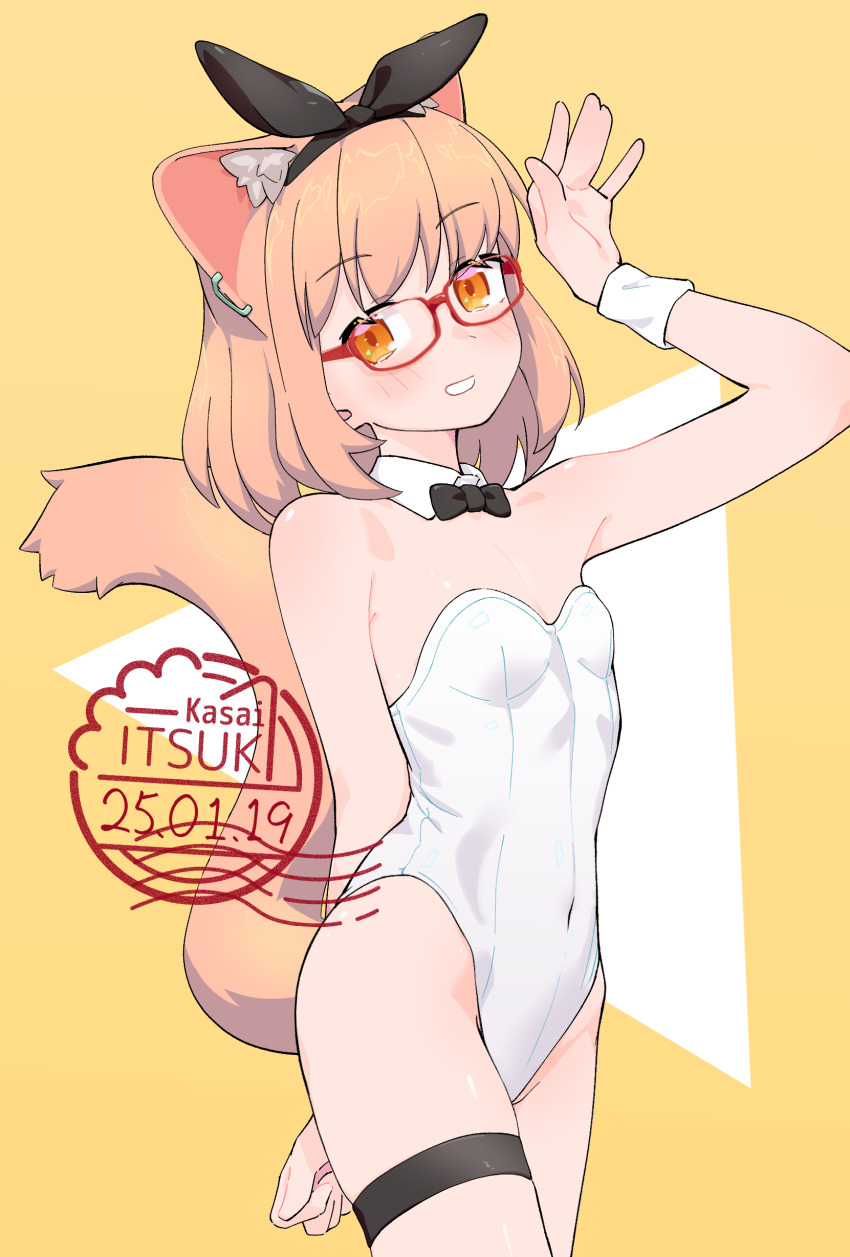 1girl absurdres animal_ear_fluff animal_ears arm_up bare_shoulders black_bow black_bowtie black_hairband blush bow bow_hairband bowtie breasts cat_ears cat_tail commentary covered_navel dated detached_collar extra_ears glasses grin groin hairband highres indie_virtual_youtuber kasai_itsuki kasai_itsuki_(artist) leotard looking_at_viewer orange_background orange_eyes orange_hair playboy_bunny red-framed_eyewear short_hair small_breasts smile solo strapless strapless_leotard tail teeth thigh_strap two-tone_background virtual_youtuber watermark white_background white_leotard wrist_cuffs