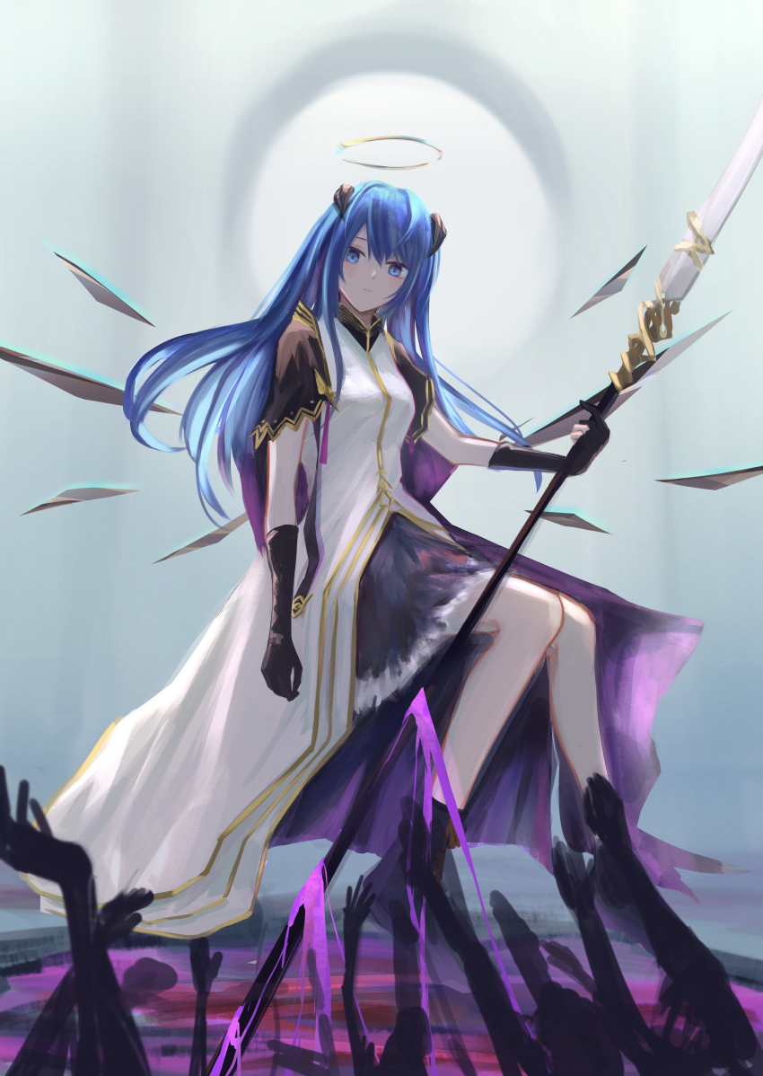 1girl 7ife absurdres arknights bad_id bad_pixiv_id black_gloves blue_eyes blue_hair boots demon_horns detached_wings dress energy_wings gloves halo highres horns long_hair looking_at_viewer mostima_(arknights) mostima_(spellbreaker)_(arknights) official_alternate_costume shoes sitting skirt staff white_dress wings