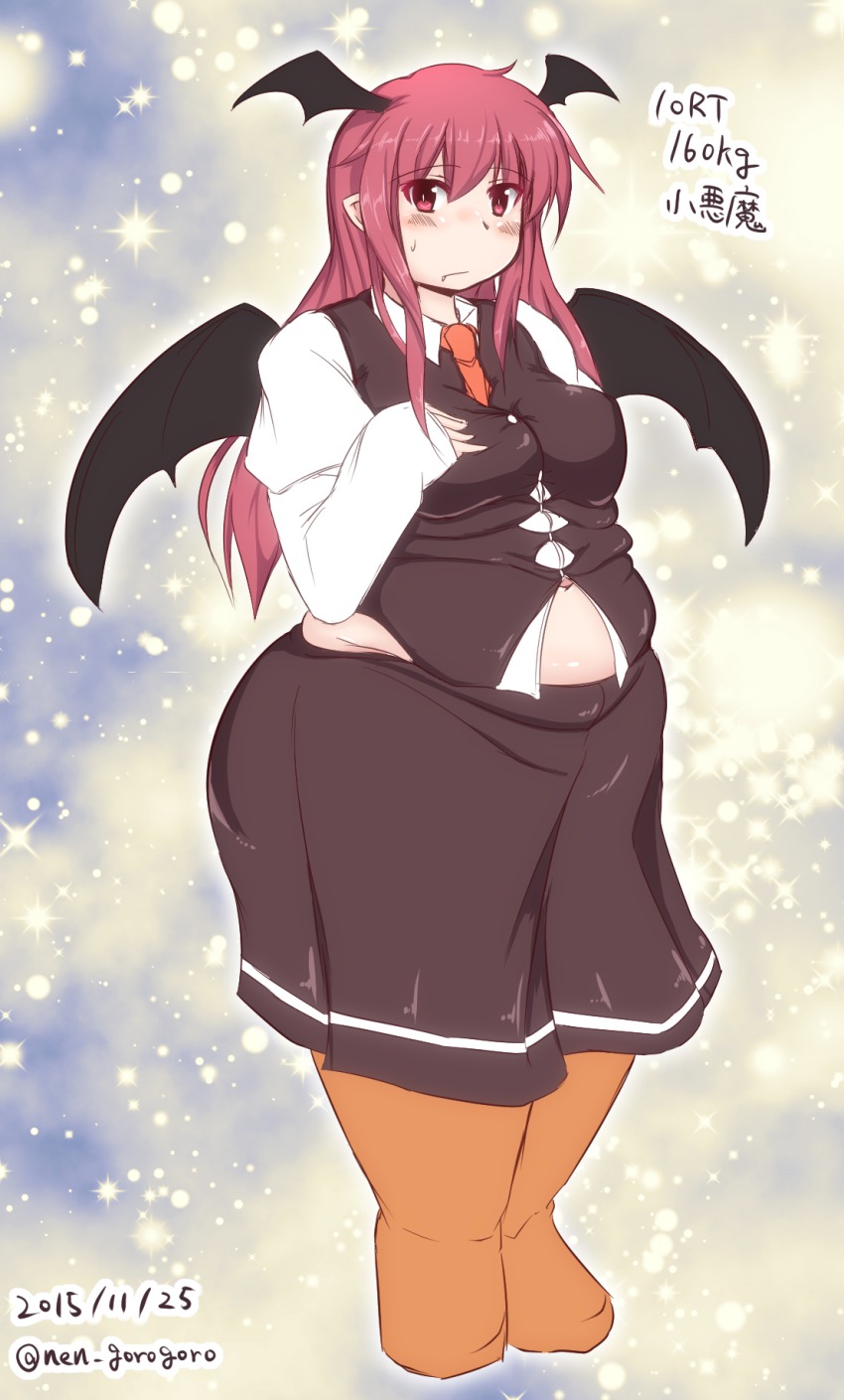 1girl :/ between_breasts blush boots breast_hold breasts bursting_belly collared_shirt dated fang fang_out fat fat_rolls female_focus frown head_wings highres juliet_sleeves knee_boots koakuma long_hair long_skirt long_sleeves looking_at_viewer medium_breasts navel necktie necktie_between_breasts nengorogoro obese pointy_ears puffy_sleeves red_eyes red_hair shirt signature skirt solo sparkle star_(symbol) star_symbol_background touhou twitter_username undersized_clothes vest wings