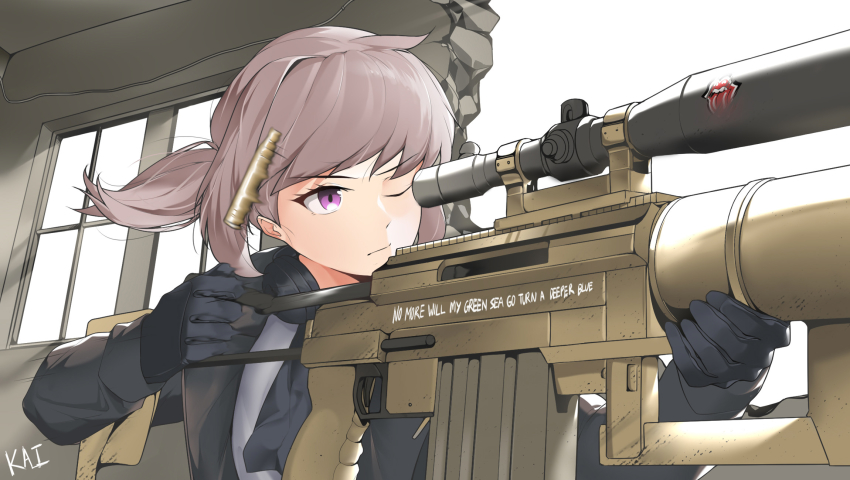 1girl anti-materiel_rifle black_gloves bolt_action brown_hair casing_ejection cheytac_m200 commentary english_commentary english_text girls&#039;_frontline gloves gun headphones headphones_around_neck highres holding holding_gun holding_weapon jacket kaicchi lyrics m200_(girls&#039;_frontline) motion_blur one_eye_closed ponytail purple_eyes rifle scope shell_casing shirt signature sniper_rifle solo the_rolling_stones weapon white_shirt