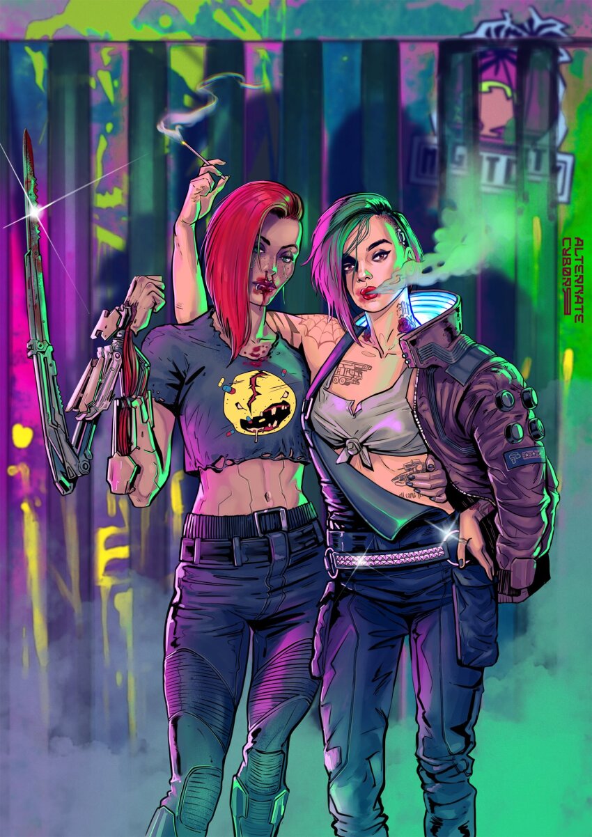 2girls asymmetrical_hair blood blood_on_face blue_pants brown_eyes brown_jacket chest_tattoo cigarette crop_top cropped_shirt cyberpunk cyberpunk_(series) cyberpunk_2077 dilara_ozden green_eyes green_hair grey_shirt highres holding holding_cigarette jacket judy_alvarez looking_at_viewer mantis_blades_(cyberpunk) midriff multicolored_hair multiple_girls navel nosebleed open_clothes open_jacket pants pink_hair red_hair shirt short_sleeves shoulder_tattoo sidecut smoking spider_web_tattoo stomach_tattoo tattoo tied_shirt two-tone_hair undercut v_(cyberpunk) valerie_(cyberpunk)