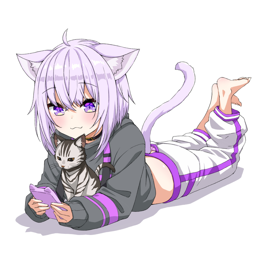 1girl :3 absurdres ahoge animal_ear_fluff animal_ears asanaya barefoot black_shirt cat cat_ears cat_tail cellphone clothing_cutout collar feet highres hololive legs_up lying midriff nekomata_okayu nekomata_okayu_(1st_costume) on_stomach panties pants panty_peek phone pink_panties purple_eyes purple_hair shirt short_hair simple_background smartphone smile tail tail_through_clothes temari_(nekomata_okayu) the_pose toes underwear virtual_youtuber white_background white_pants