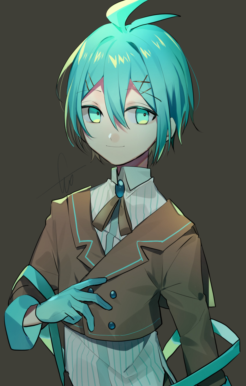 1boy antenna_hair aqua_eyes aqua_hair brown_jacket brown_ribbon collared_shirt commentary cropped_jacket gem gloves green_gloves green_ribbon hair_between_eyes hair_ornament hairclip highres huyuharu0214 jacket long_sleeves looking_at_viewer male_focus original ribbon shirt signature simple_background smile solo striped_clothes striped_shirt upper_body vertical-striped_clothes vertical-striped_shirt white_shirt x_hair_ornament