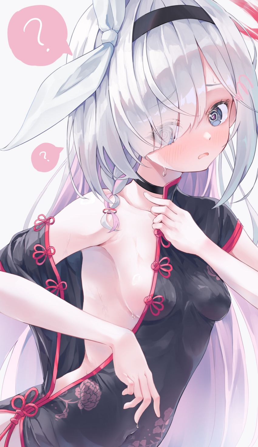 1girl ? @_@ absurdres armpits black_choker black_dress blue_archive blush braid breasts china_dress chinese_clothes choker commentary_request dress eyes_visible_through_hair grey_hair hair_ribbon halo highres long_hair open_mouth plana_(blue_archive) re_inverse red_halo ribbon sideboob single_braid small_breasts solo spoken_question_mark white_background