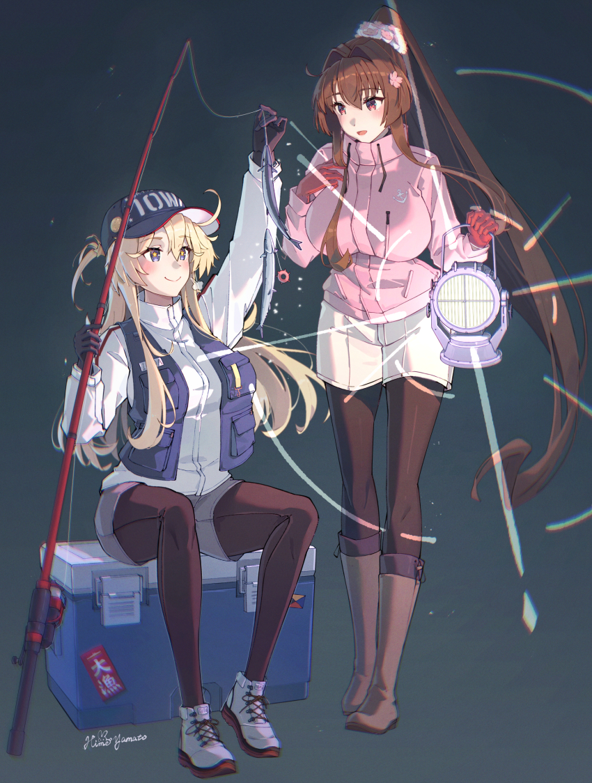 2girls alternate_costume american_flag baseball_cap brown_hair cooler fish fishing_line fishing_rod flower gloves hair_flower hair_ornament hat highres himeyamato iowa_(kancolle) jacket kantai_collection multiple_girls pantyhose ponytail shorts star_(symbol) symbol-shaped_pupils yamato_(kancolle)