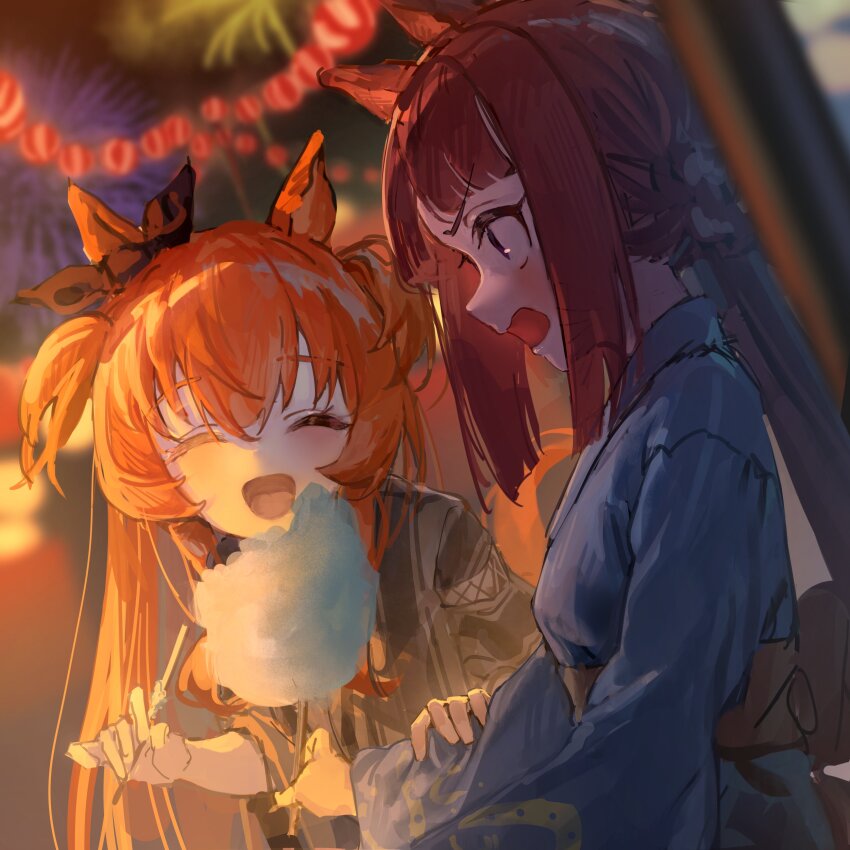 2girls absurdres animal_ears black_kimono blue_kimono blurry blurry_background blush bow brown_hair closed_eyes cotton_candy ear_bow eating festival fireworks food highres holding holding_another&#039;s_arm holding_food horse_ears japanese_clothes kimono lantern long_hair mayano_top_gun_(umamusume) multiple_girls night obi open_mouth orange_hair outdoors paper_lantern sash smile sweep_tosho_(umamusume) two_side_up umamusume upper_body v-shaped_eyebrows yu_hydra yukata