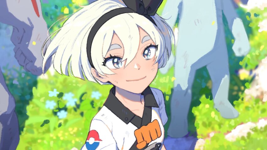 1girl 43_pon bad_id bad_twitter_id bea_(pokemon) black_hairband bow_hairband closed_mouth collared_shirt creatures_(company) day derivative_work from_above game_freak gen_1_pokemon grass grey_eyes hair_between_eyes hairband highres looking_at_viewer machamp machop nintendo outdoors pokemon pokemon:_twilight_wings pokemon_(creature) print_shirt screenshot_redraw shirt short_hair smile solo upper_body white_hair white_shirt
