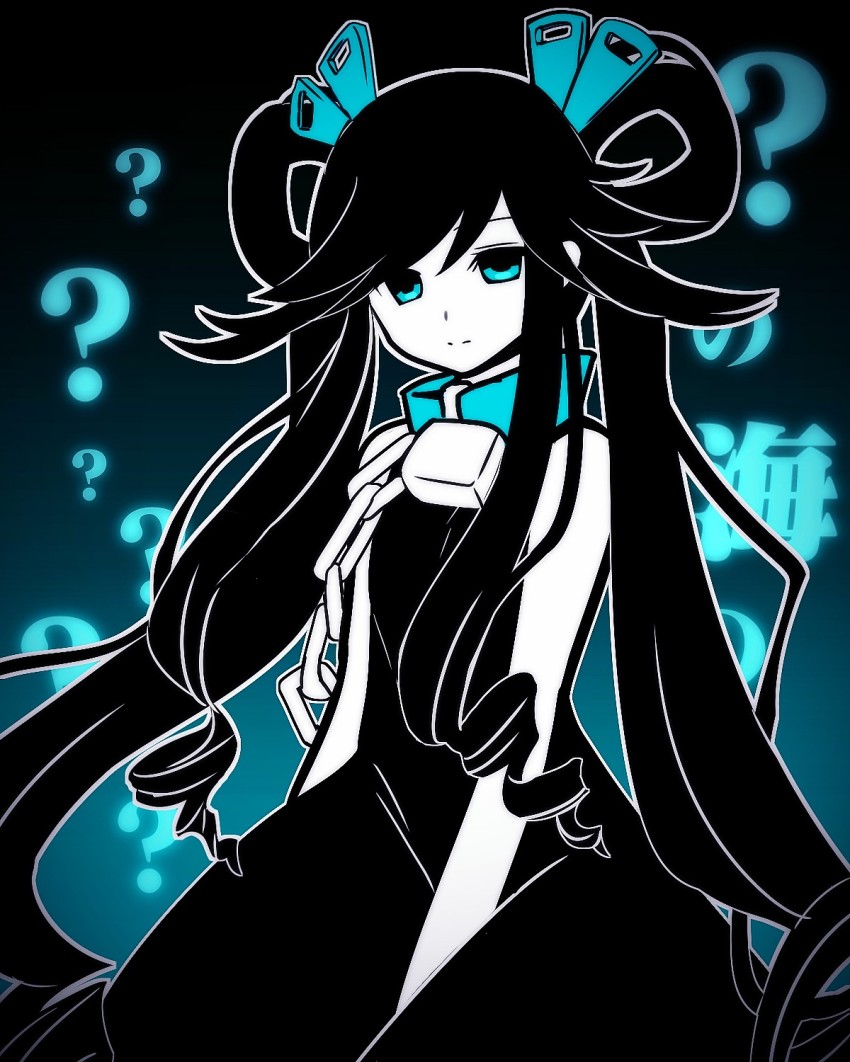 1girl ? bad_id bad_pixiv_id bare_shoulders bdsm beatmania_(series) beatmania_iidx bemani blue_eyes chain colored_skin dress drill_hair female_focus gradient_background hair_ornament hair_rings highres jubeat leash limited_palette long_hair looking_at_viewer maud muraji0419 sidelocks sleeveless sleeveless_dress solo translated twin_drills twintails white_skin