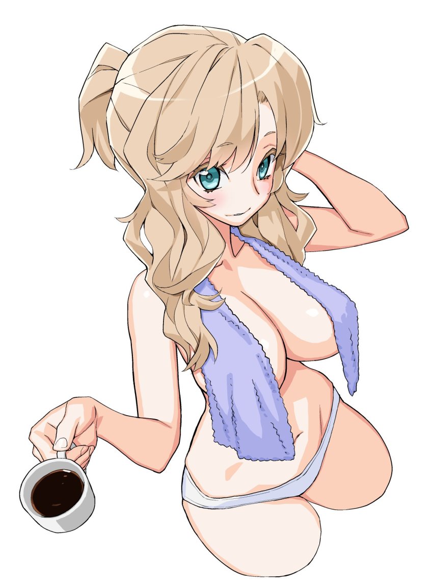 1girl alternate_hairstyle arm_behind_head arm_up blonde_hair blue_eyes blush breasts coffee coffee_mug commentary cowboy_shot cropped_legs cup girls_und_panzer highres holding holding_cup kay_(girls_und_panzer) large_breasts looking_at_viewer medium_hair mug ouma_bunshichirou panties parted_lips short_ponytail simple_background skindentation smile solo standing topless towel towel_around_neck underwear white_background white_panties