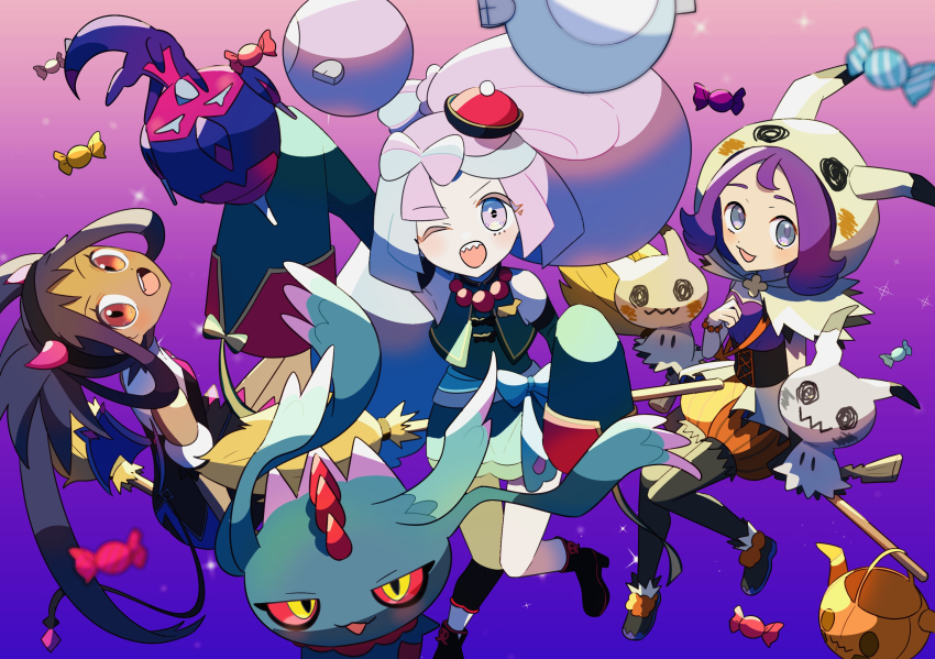 3girls acerola_(fall_2020)_(pokemon) acerola_(pokemon) creatures_(company) flutter_mane game_freak gen_7_pokemon harapeko_(syokuyokuousei) highres iono_(fall_2024)_(pokemon) iono_(pokemon) iris_(fall_2022)_(pokemon) iris_(pokemon) mimikyu multiple_girls nintendo official_alternate_costume poipole pokemon pokemon_masters_ex ultra_beast