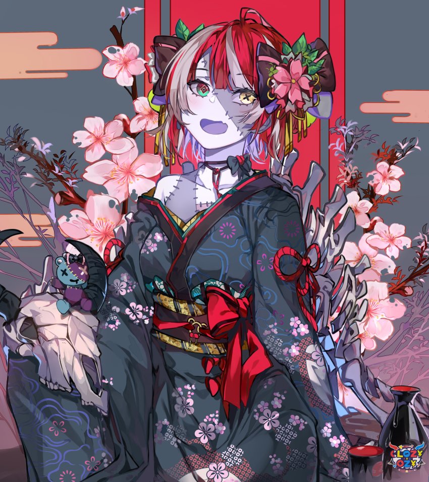 1girl absurdres ahoge alternate_costume alternate_hairstyle animal_skull blue_background blush bone bow cherry_blossoms closz colored_skin cow_skull floral_print green_eyes grey_hair grey_skin hair_ornament hair_up heterochromia highres hololive hololive_indonesia japanese_clothes kanzashi kimono knot kureiji_ollie looking_at_viewer multicolored_hair obi open_mouth patchwork_skin red_bow red_hair sash solo spine stitched_face stitched_torso stitches two-tone_hair udin_(kureiji_ollie) virtual_youtuber yellow_eyes