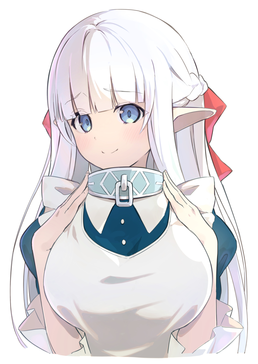 1girl adjusting_collar apron blue_dress braid breasts collar cropped_torso dress elf eyebrows_hidden_by_hair hair_between_eyes hair_ribbon highres large_breasts large_ribbon light_blush long_hair maid_apron maou_no_ore_ga_dorei_elf_wo_yome_ni_shitanda_ga_dou_medereba_ii? metal_collar nekoge nephelia pointy_ears red_ribbon ribbon simple_background smile solo very_long_hair white_background white_hair