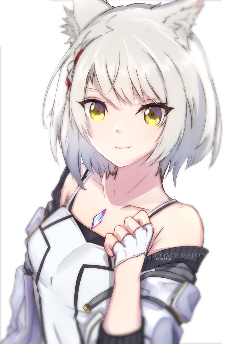 1girl absurdres animal_ears camisole cat_ears chest_jewel hand_up highres jacket looking_at_viewer mio_(xenoblade) short_hair shoulder_strap smile solo tank_top tfnfe_sach white_camisole white_hair white_jacket white_tank_top xenoblade_chronicles_(series) xenoblade_chronicles_3 yellow_eyes