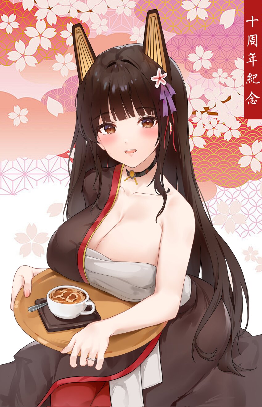 1girl absurdres akagi_(warship_girls_r) animal_ears bandages black_hair breast_rest breasts brown_eyes brown_hair cherry_blossoms chichengde_haotidu_afusang chinese_text choker cleavage coffee coffee_mug cup flower hair_flower hair_ornament highres holding japanese_clothes jewelry kimono large_breasts long_hair looking_at_viewer mug open_mouth ring sarashi smile solo tray warship_girls_r