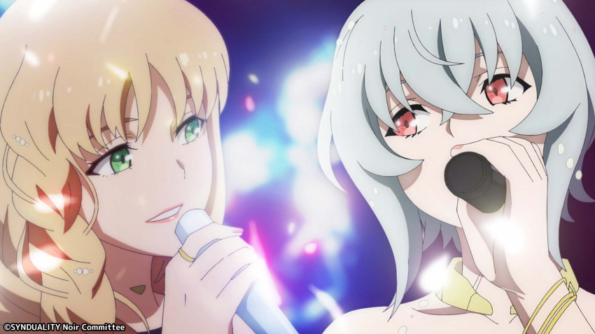 2girls bare_shoulders blonde_hair bracelet braid ciel_(synduality) collarbone cropped_shoulders crossed_bangs detached_collar green_eyes grey_hair highres holding holding_microphone jewelry lipstick long_hair looking_at_another magus_(synduality) makeup medium_hair microphone multiple_girls noir_(synduality) parted_lips red_eyes ring single_braid stage_lights synduality