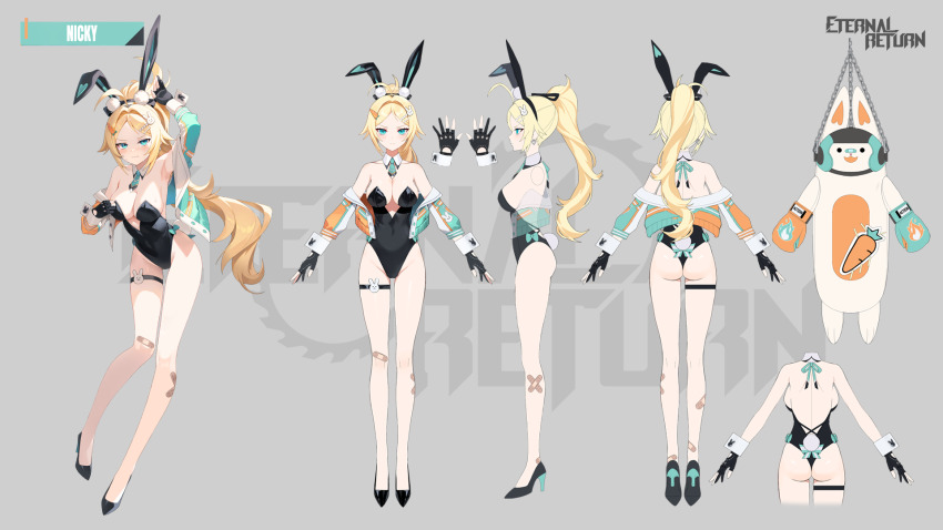 1girl ahoge animal_ears arm_up armpit_crease armpits artist_request ass backless_leotard bandaid bandaid_on_knee bandaid_on_leg bare_legs bare_shoulders black_footwear black_gloves black_leotard black_survival blonde_hair blue_eyes blush bow breasts c.honey carrot_hair_ornament character_sheet check_artist cleavage covered_navel cropped_jacket detached_collar earrings embarrassed eternal_return:_black_survival fake_animal_ears fake_tail food-themed_hair_ornament frown full_body gloves green_jacket hair_bow hair_ornament hairclip high_heels highleg highleg_leotard highres jacket jewelry large_breasts leotard long_hair long_sleeves looking_at_viewer multicolored_clothes multicolored_jacket multiple_views necktie nicky_blake nicky_blake_(bad_beat) nose_blush off_shoulder official_alternate_costume official_art open_clothes open_jacket orange_jacket parted_bangs partially_fingerless_gloves playboy_bunny ponytail rabbit_ears rabbit_pose rabbit_tail short_necktie side-tie_leotard sidelocks skindentation strapless strapless_leotard sweat tachi-e tail thigh_strap thighs two-tone_jacket v-shaped_eyebrows very_long_hair wavy_mouth wrist_cuffs