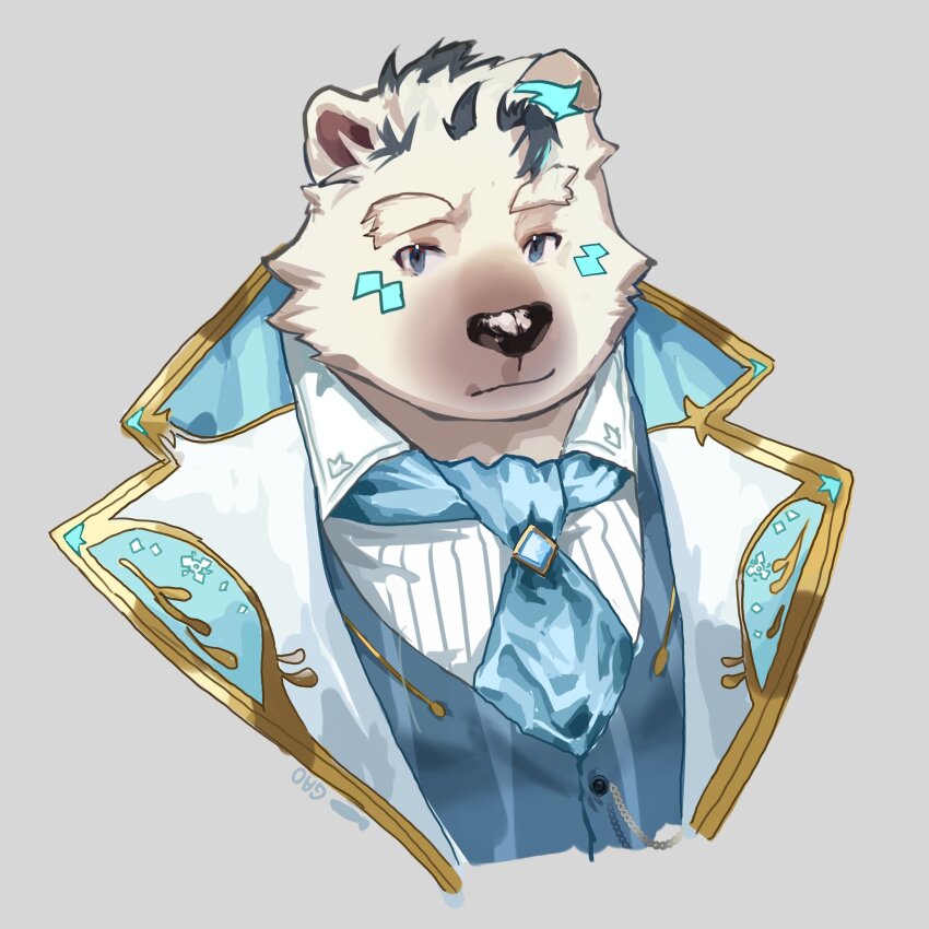 1boy animal_ears artist_name ascot bear_boy bear_ears blue_ascot blue_vest chinese_commentary closed_mouth coat furry furry_male gao_(gao_53937056) grey_background grey_eyes highres jack_frost_(housamo) male_focus multicolored_hair shirt tokyo_houkago_summoners vest white_coat white_shirt