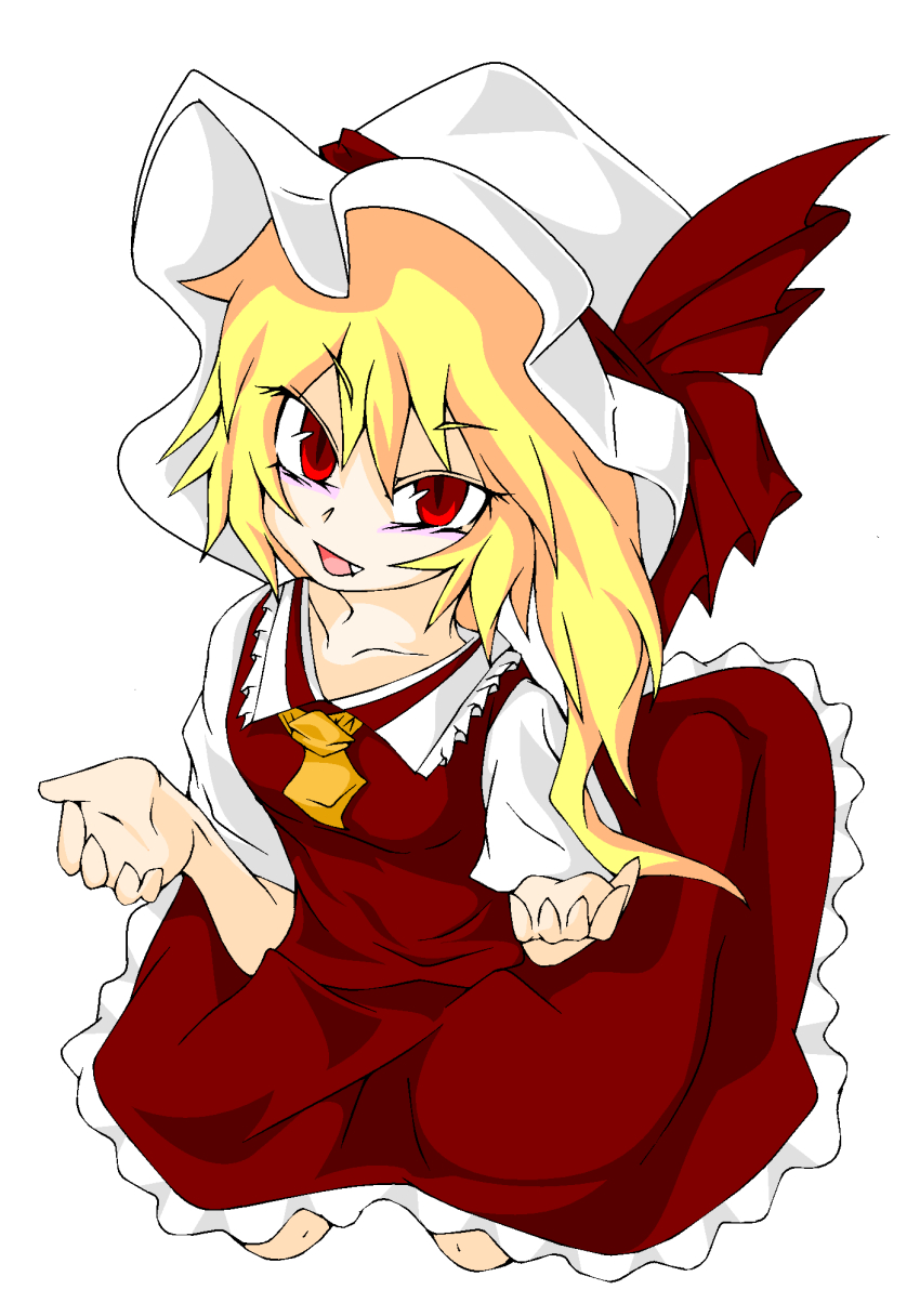 1girl bacho bad_anatomy blonde_hair female_focus flandre_scarlet hat highres ponytail poorly_drawn red_eyes ribbon short_hair side_ponytail solo touhou