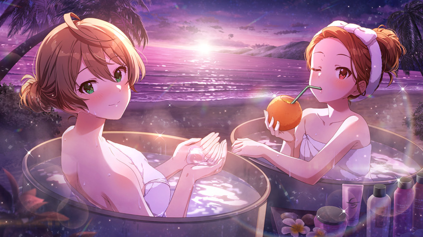 2girls ahoge bathing beach blush brown_hair cloud drinking drinking_straw flower forehead game_cg green_eyes holding idolmaster idolmaster_million_live! idolmaster_million_live!_theater_days minase_iori multiple_girls naked_towel official_art red_eyes sakuramori_kaori smile sunset towel tree