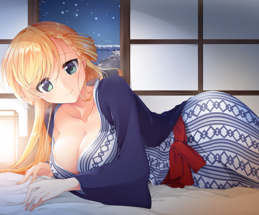 1girl araragi_ayune bath_yukata blonde_hair braid breasts cleavage closed_mouth collarbone comiket_97 commentary_request green_eyes highres isshiki-san_wa_koi_wo_shiritai. japanese_clothes kimono large_breasts long_hair looking_at_viewer lying on_side red_sash rinna_milford sash shouji sliding_doors smile solo swept_bangs yukata