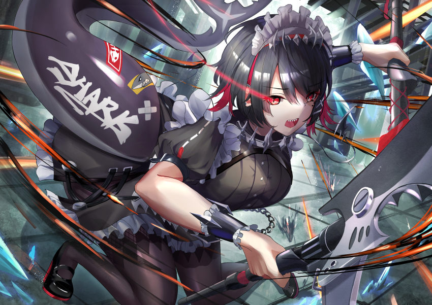 1girl absurdres black_hair black_pantyhose breasts chain dual_wielding ellen_joe fins fish_tail highres holding holding_weapon kirisamede_gzr maid maid_headdress mole mole_under_eye multicolored_hair open_mouth pantyhose red_eyes red_hair shark_tail sharp_teeth short_hair solo squatting tail teeth two-tone_hair weapon zenless_zone_zero