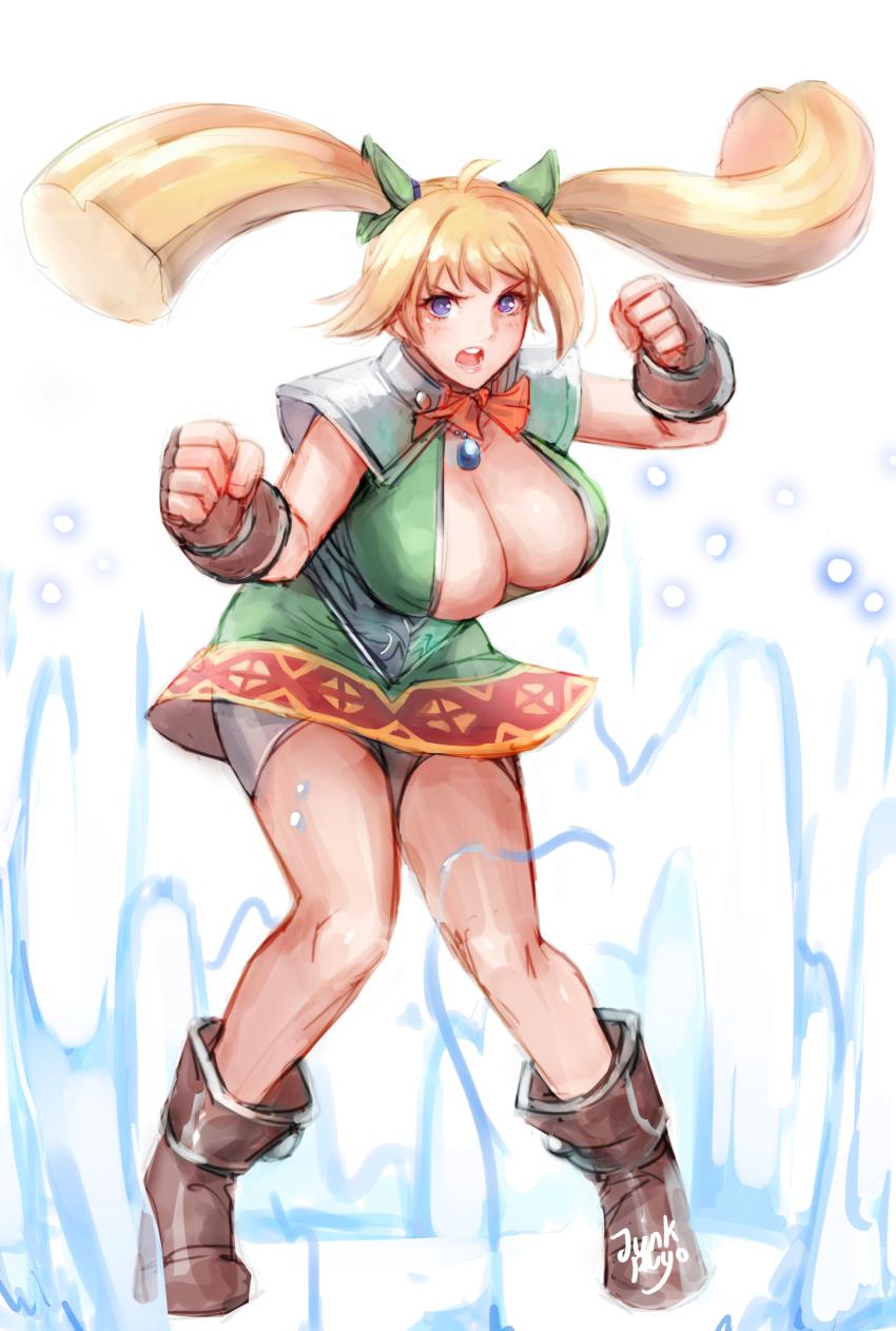 1girl ahoge aura blonde_hair blue_eyes boots bow breasts chrono_cross cleavage fighting_stance fingerless_gloves gloves highres jewelry junkpuyo large_breasts long_hair necklace open_mouth orlha twintails