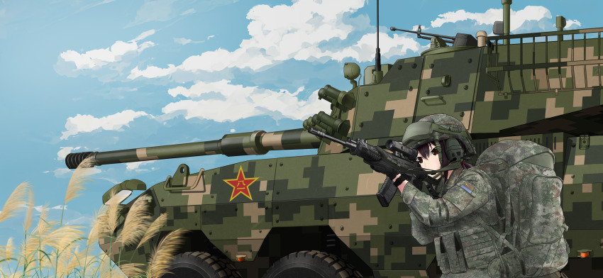 1girl absurdres aiming assault_gun august1st backpack bag black_eyes black_hair blue_sky camouflage cannon chin_strap cloud digital_camouflage eight-wheel_drive helmet highres load_bearing_equipment military_vehicle original people&#039;s_liberation_army people&#039;s_liberation_army_ground_force qbz-191 scope sky smoke_grenade_launcher solo type_08_combat_vehicle user_uejr5243 wheat wheel ztl-11