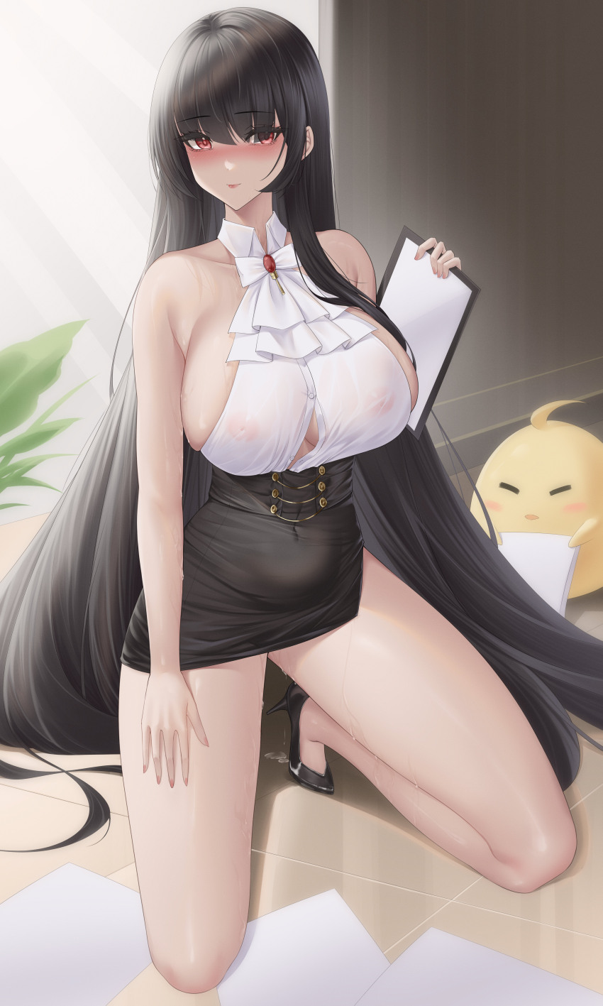 1girl absurdres alvitr_(azur_lane) alvitr_(muspel&#039;s_torrid_secrets)_(azur_lane) azur_lane bare_legs bare_shoulders black_footwear black_hair black_skirt breasts brooch button_gap cleavage collarbone collared_shirt covered_erect_nipples covered_navel dress frilled_shirt frills full_body halter_shirt halterneck high_heels highres ichikushi_mojibake jewelry kneeling large_breasts long_hair looking_at_viewer manjuu_(azur_lane) pencil_skirt red_eyes see-through see-through_shirt shirt shirt_tucked_in sideboob skirt sleeveless sleeveless_dress sleeveless_shirt solo sweat very_long_hair