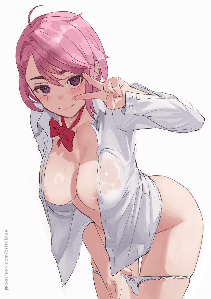 1girl absurdres ahoge areola_slip blush bow bowtie breasts commentary dandadan fingernails groin highres large_breasts leaning_forward looking_at_viewer open_clothes open_shirt panties panty_pull patreon_username pink_hair red_bow red_bowtie ribbon-trimmed_panties ribbon_trim shiratori_aira_(dandadan) shirt simple_background smile solo sweat thick_eyebrows underwear v v_over_eye white_background white_panties white_shirt zefrableu