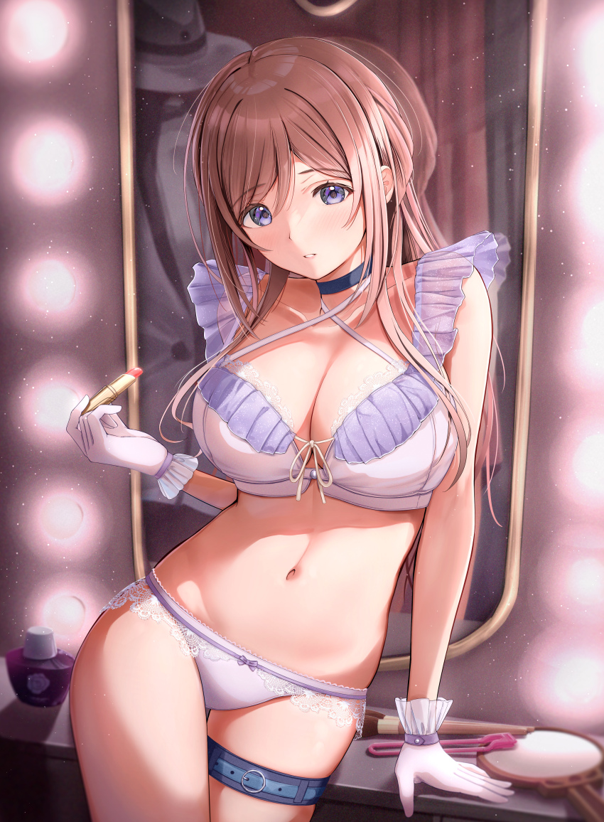 1girl absurdres bare_shoulders black_choker blue_eyes blush bra breasts brown_hair choker cleavage clumsy_trick_(idolmaster) cosmetics criss-cross_straps frilled_bra frills fujinomiya_rio gakuen_idolmaster gloves highres himesaki_rinami holding holding_lipstick_tube idolmaster lace lace-trimmed_bra lace-trimmed_panties lace_trim large_breasts lingerie lipstick_tube long_hair looking_at_viewer matching_underwear mirror navel panties purple_bra purple_panties reflection smile solo standing thigh_strap underwear underwear_only white_gloves