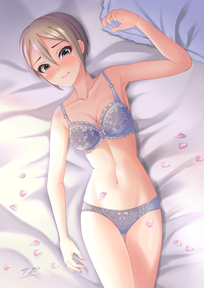 1girl absurdres arm_up armpits bare_arms bare_legs bed bed_sheet black_eyes blush bow bow_bra bow_panties bra breasts cleavage collarbone embarrassed floral_print frilled_bra frills from_above grey_hair groin hair_between_eyes highres idolmaster idolmaster_cinderella_girls lavender_bra lavender_panties looking_at_viewer lying medium_breasts navel on_back on_bed panties petals pillow shiomi_syuko short_hair signature sleeveless solo sunlight t.r underwear underwear_only