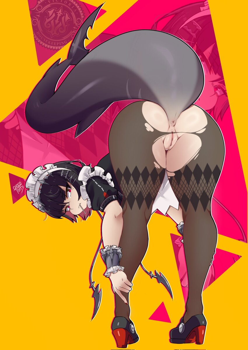 1girl anus black_dress black_hair black_pantyhose blush chocotoffy chromatic_aberration cleft_of_venus dress ellen_joe fins fish_tail from_behind full_body hair_between_eyes hair_ornament hairclip highres looking_at_viewer maid maid_headdress mole mole_under_eye pantyhose pussy red_eyes red_hair shark_tail short_hair sidelocks simple_background solo standing tail thighs torn_clothes torn_pantyhose zenless_zone_zero