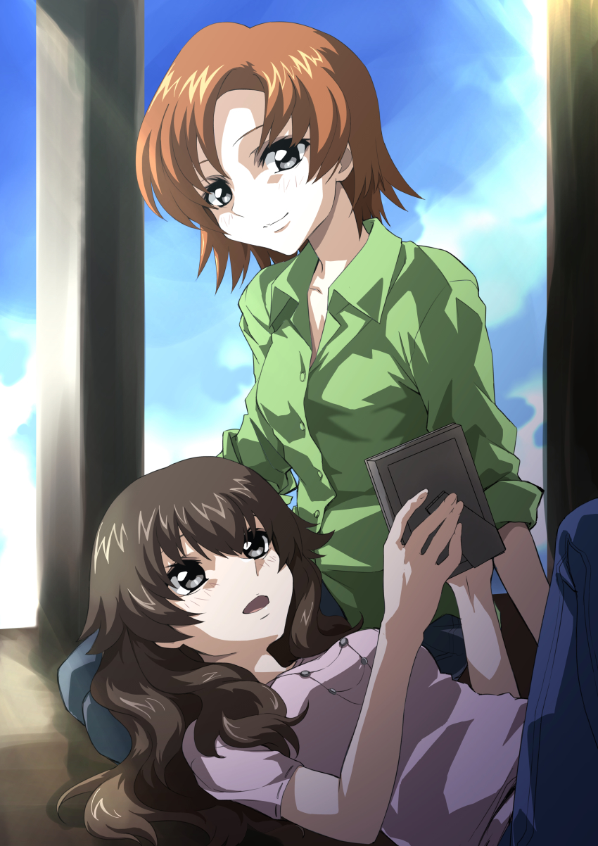 2girls absurdres aunt_and_niece breasts brown_hair chiizu_ore cloud collarbone collared_shirt denim green_shirt grey_eyes highres hino_miwa jeans lap_pillow long_hair long_sleeves lying medium_breasts medium_hair multiple_girls on_back open_mouth orange_hair pants picture_frame shirt short_sleeves sitting sky sleeves_rolled_up smile soukyuu_no_fafner toomi_maya