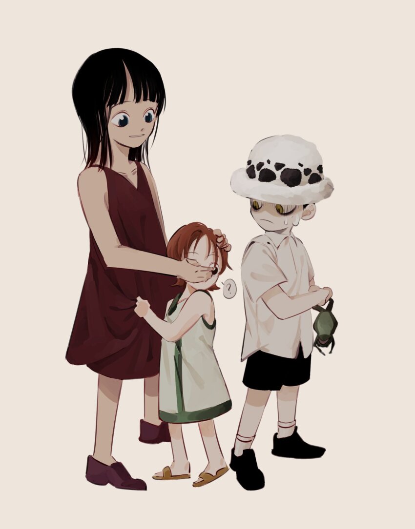 1boy 2girls ? aged_down animal black_eyes black_hair black_shorts blue_eyes clothes_grab covering_another&#039;s_eyes dress dress_grab frog highres holding holding_animal multiple_girls nami_(one_piece) nico_robin one_piece orange_hair red_dress rpwjdwjdqh37 sandals shade shaded_face short_sleeves shorts simple_background sleeveless smile sweat trafalgar_law white_background yellow_eyes