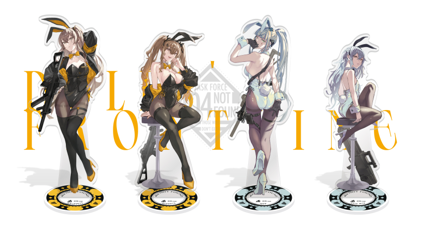 absurdres acrylic_stand_(object) assault_rifle black_thighhighs comiket comiket_104 fujita_(condor) g11_(girls&#039;_frontline) girls&#039;_frontline gun h&amp;k_g11 h&amp;k_hk416 highres hk416_(girls&#039;_frontline) leotard pantyhose playboy_bunny rifle thighhighs ump45_(girls&#039;_frontline) ump9_(girls&#039;_frontline) weapon white_background