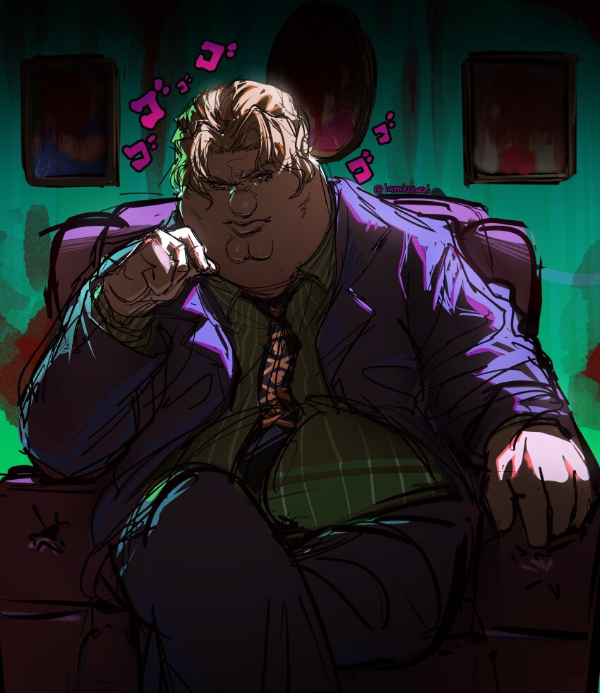 1boy absurdres blonde_hair blue_eyes chair cleft_chin cosplay diamond_wa_kudakenai family_guy fat fat_man formal green_shirt highres jacket jojo_no_kimyou_na_bouken kira_yoshikage kira_yoshikage_(cosplay) kowai_(iamkowai) male_focus menacing_(jojo) necktie pants peter_griffin pinstripe_pattern pinstripe_shirt purple_jacket purple_necktie purple_pants purple_suit shirt short_hair sitting solo suit twitter_username