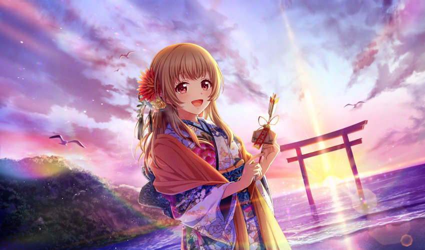 1girl :d arrow_(projectile) beach bird cinderella_series cloud cowboy_shot dutch_angle film_grain floral_print_kimono flower from_side game_cg hachigatsu_no_cinderella_nine hair_flower hair_ornament hamaya haori highres holding holding_arrow japanese_clothes lens_flare light_brown_hair light_particles light_rays long_hair looking_at_viewer naoe_tayu non-web_source obi ocean official_alternate_hairstyle official_art open_mouth red_eyes sash seagull sky smile solo standing torii