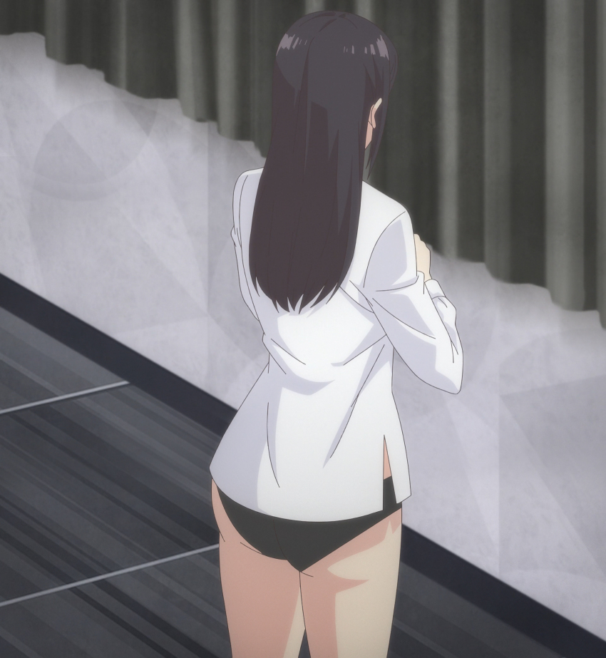 1girl 2.5_jigen_no_ririsa anime_screenshot ass black_hair black_panties from_behind hanyuu_mayuri highres indoors interior long_hair long_sleeves panties screencap shirt sidelocks stitched thighs third-party_edit underwear white_shirt