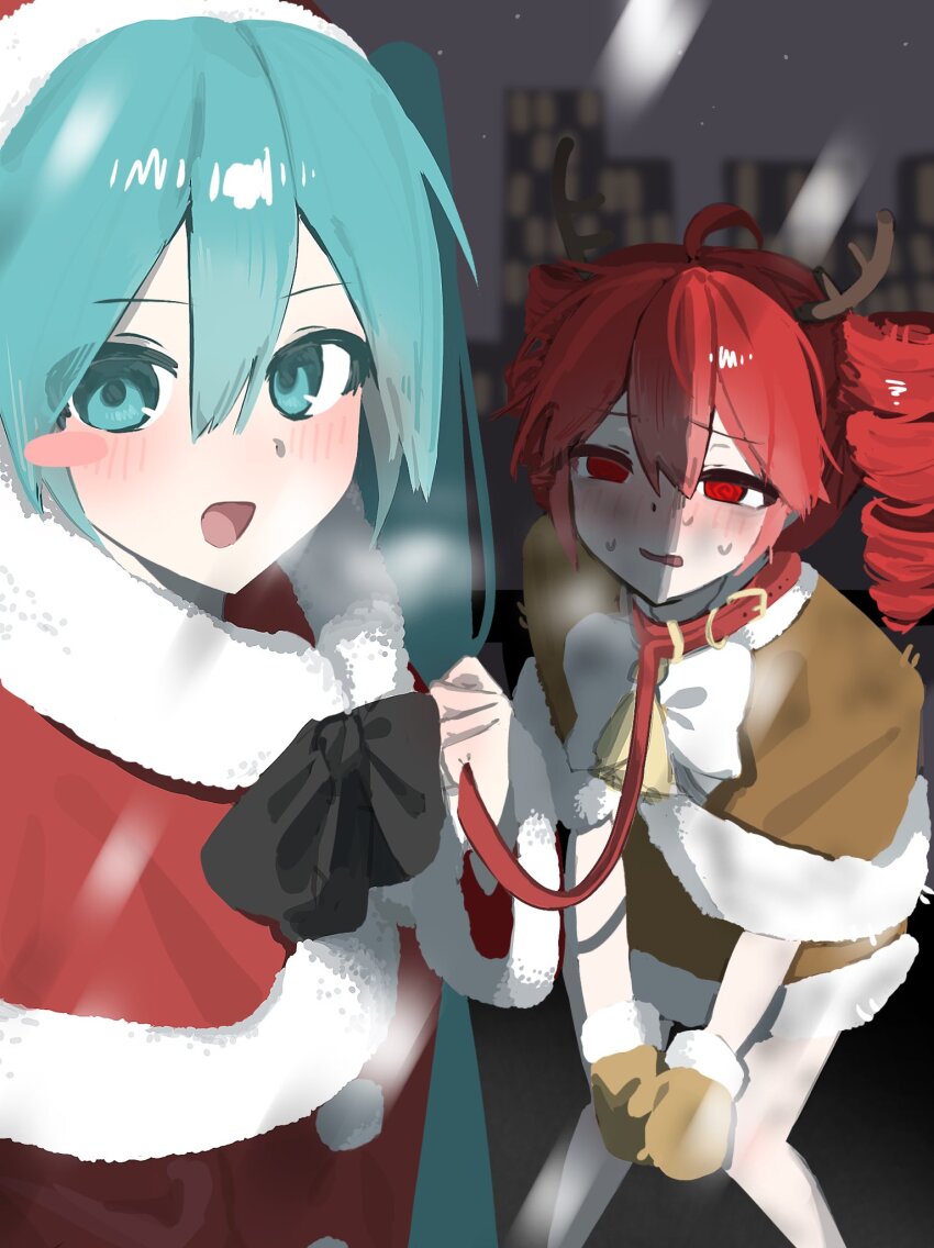 @_@ ahoge antlers aqua_eyes aqua_hair bb0ng825 bell black_bow black_bowtie blush bow bowtie capelet collar dress drill_hair embarrassed fur-trimmed_capelet fur-trimmed_dress fur-trimmed_gloves fur_trim gloves hair_between_eyes hatsune_miku highres holding holding_leash horns kasane_teto leash long_hair looking_at_viewer neck_bell red_capelet red_collar red_dress red_eyes red_hair reindeer_antlers santa_costume smile snow sweatdrop synthesizer_v twin_drills vocaloid yellow_gloves