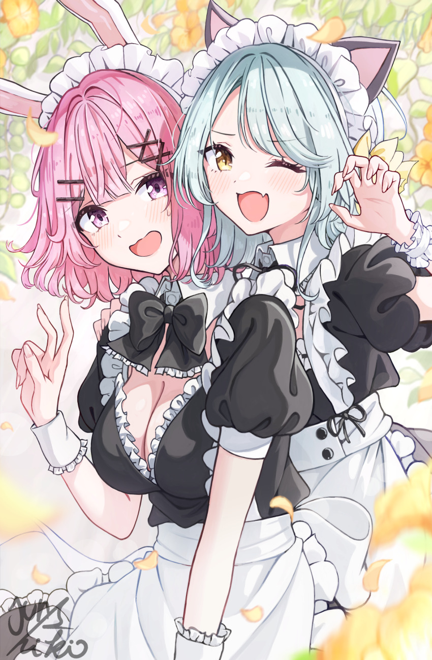 2girls :d ;d absurdres amaori_renako animal_ears apron artist_name bent_v blush breasts cat_ears claw_pose cleavage fake_animal_ears falling_petals fang floral_background green_hair hair_ornament hand_on_another&#039;s_shoulder highres junshiki koyanagi_kaho large_breasts maid maid_headdress multiple_girls one_eye_closed open_mouth paw_pose petals pink_hair puffy_short_sleeves puffy_sleeves rabbit_ears short_sleeves smile v waist_apron watashi_ga_koibito_ni_nareru_wake_naijan_murimuri! wavy_mouth x_hair_ornament