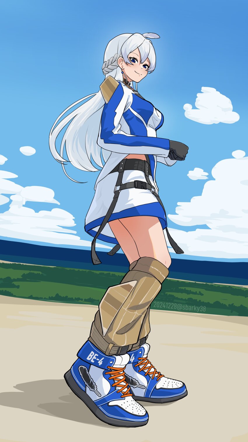 1girl absurdres ahoge belt black_belt black_gloves blue_origin blue_shirt blue_skirt cloud cloudy_sky commentary day english_commentary full_body gloves highres long_hair mecha_musume original outdoors personification sbarky38 shirt shoes skirt sky smile sneakers solo two-tone_shirt two-tone_skirt white_hair white_shirt white_skirt