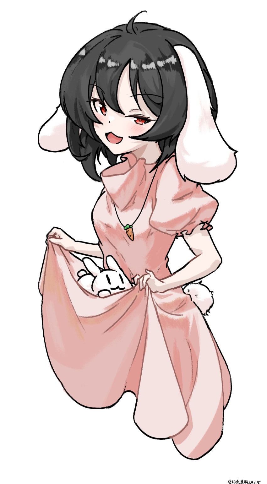 1girl :3 absurdres animal animal_ears artist_name black_hairband bob_cut breasts carrot_necklace clothes_lift commentary cropped_legs dated dress dress_lift floppy_ears from_side hair_between_eyes hairband highres holding holding_animal inaba_mob_(touhou) inaba_tewi jewelry lifting_own_clothes looking_at_viewer looking_to_the_side narrowed_eyes naughty_face necklace one-hour_drawing_challenge open_mouth pendant pink_dress puffy_short_sleeves puffy_sleeves rabbit rabbit_ears rabbit_girl rabbit_tail red_eyes short_hair short_sleeves signature simple_background skirt_basket small_breasts smile smug solo standing tail touhou ve1024 white_background white_rabbit_(animal)