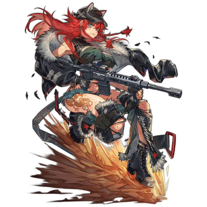 1girl animal_ears ar-15 belt beowulf_(girls&#039;_frontline) black_footwear black_gloves black_panties boots braid breasts bruise crop_top crop_top_overhang crotchless crotchless_pants dust_cloud earrings fake_animal_ears fingerless_gloves fingernails full_body fur-trimmed_jacket fur-trimmed_pants fur_trim girls&#039;_frontline gloves green_eyes green_shirt gun hair_between_eyes hat heel_up highres injury jacket jewelry knee_pads large_breasts leg_tattoo long_hair long_sleeves looking_at_viewer midair nail_polish navel no_bra official_art panties pants parted_lips pouch red_hair red_nails rifle scar_on_knee see-through_clothes serious shirt short_shorts shorts simple_background sleeveless sleeveless_shirt solo soono_(rlagpfl) star_(symbol) tattoo thigh_pouch third-party_source torn_clothes torn_jacket torn_pants torn_shirt transparent_background trigger_discipline twin_braids underboob underwear weapon wolf_ears