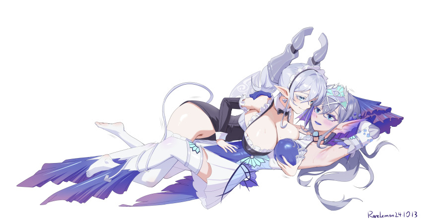 2girls absurdres after_kiss alternate_costume armpits artist_name asymmetrical_docking blue_eyes blush breast_press breasts chinese_commentary cleavage commentary_request dated demon_girl demon_horns demon_tail diadem earrings enmaided eye_contact fins grey_eyes grey_hair head_fins heart heart_earrings highres horns huge_breasts jewelry kitkallos_(yu-gi-oh!) large_breasts lipstick long_hair looking_at_another lovely_labrynth_of_the_silver_castle maid makeup multiple_girls no_shoes open_mouth pointy_ears rare_lemon saliva saliva_trail simple_background skirt sweat tail tearlaments_kitkallos thighhighs white_background yu-gi-oh! yuri