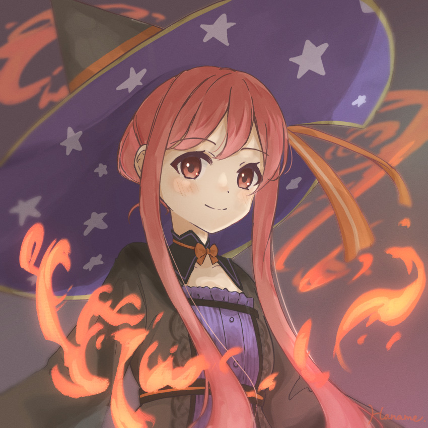 1girl artist_name atelier_(series) atelier_ayesha brown_eyes closed_mouth commentary_request fire hanachocolate30 hat highres long_hair looking_at_viewer print_headwear red_hair sidelocks smile solo star_(symbol) star_print upper_body wilbell_voll-ersleid witch witch_hat