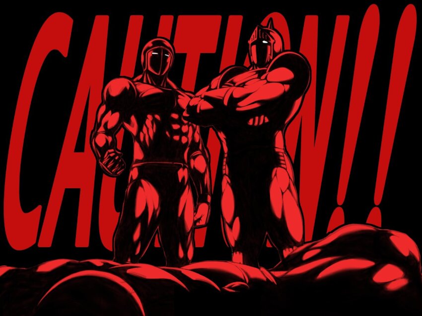 ! !! 4boys after_battle armor biceps clenched_hands english_text fighting_stance helmet kazeya_kazuya kinnikuman looking_at_viewer manly mask multiple_boys muscular pectorals robin_mask shaded_face simple_background tag_team warsman wrestling wrestling_outfit